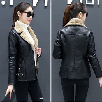 2019 módne zimné faux kožené sako ženy hrnú krátke teplé vrchné oblečenie žien Slim black motocykel kabát Plus veľkosť 5XL G598