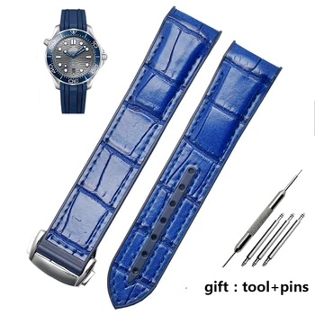 Zakrivené Konci originálne kožené, Silikónové watchband O-mega S-eamaster 007 zápästie Nepremokavé popruh náramok so skladacou sponou modrá