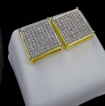 Micro pave AAA cubic zirconia 8*8 štvorcových koruny cz gold screwback zlaté náušnice mužov