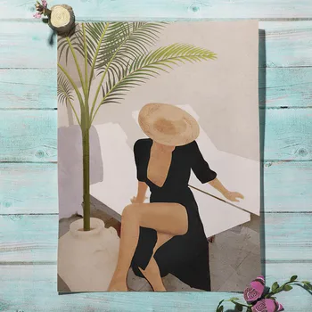 Minimalistický Abstraktné Módne Dievča Na Pláži Palmový List Wall Art Print Plátno Na Maľovanie Nordic Plagát Na Stenu Obrázok Pre Obývacia Izba Dekor