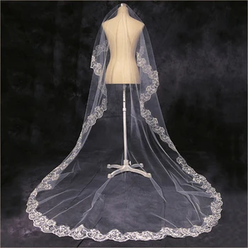 Svadobné šaty 3 metrov jednej vrstve retro čipky závoj biela slonovinová dlhé luxusné svadobné závoj, svadobné doplnky