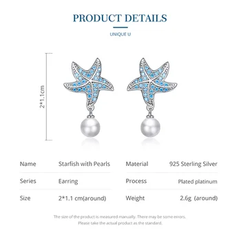 BISAER Hviezdice & Perly Stud Náušnice Reálne 925 Sterling Silver Modré Náušnice Zirkón Pre Ženy, Luxusné Šperky 2020 EFE405