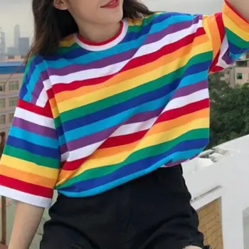 Letné Tričko Ženy Rainbow Prekladané Topy Harajuku Tričko Plus Veľkosť Krátky Rukáv kórejský Punk T-shirt Bežné camiseta feminina
