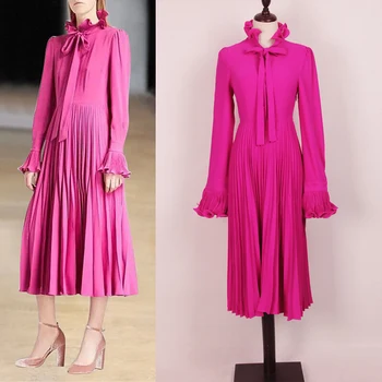 Vysoká kvalita 2019 jeseň a v zime sa novou módnou farbou štruktúru tkaniny skladaný rozstrapatené dekoratívne čipky Slim dámske šaty