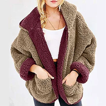 2018 základné Kabát s Kapucňou Teplé Zimné topy Ženy Bežné Fleece Fuzzy Faux Shearling Bežné Nosenie na obidvoch stranách polstrované základné žena
