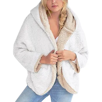 2018 základné Kabát s Kapucňou Teplé Zimné topy Ženy Bežné Fleece Fuzzy Faux Shearling Bežné Nosenie na obidvoch stranách polstrované základné žena