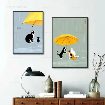 Starať Sa O Zvieratá Plagát Zlé Mačky Dostal Žltý Dáždnik Po Daždi 2 Kusy Nastaviť Plátno, Maľovanie Na Obývacia Izba Domova