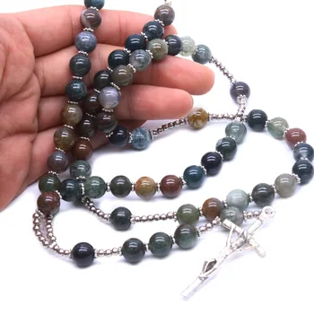 KOMi Katolíckej Prírodného Kameňa Indickej Agates Náhrdelníky Pravoslávny Kríž, Ruženec, Náhrdelníky Ježiš Náboženské Modlí Šperky Collana R338