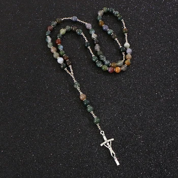 KOMi Katolíckej Prírodného Kameňa Indickej Agates Náhrdelníky Pravoslávny Kríž, Ruženec, Náhrdelníky Ježiš Náboženské Modlí Šperky Collana R338