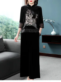Nové jeseň Čínsky retro dizajn etnických vyšívané velvet top+širokú nohu, nohavice dva kusy sada pre ženy
