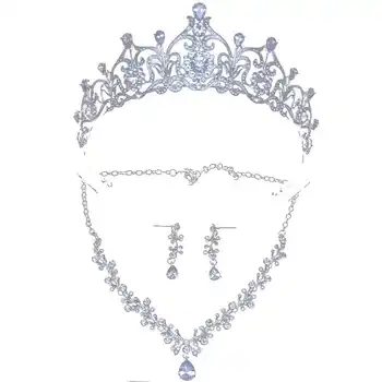 Qualidade novo vestido de noiva coroa tiara tres-pedaco de zircao brincos colar de casamento com acessorios femininos presente