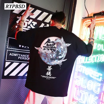 Hip Hop T shirt Mužov 2021 Japonský Žeriav Tlač Lete Bavlna Krátky Rukáv Fashion Vintage Nadrozmerná Harajuku Streetwear Košele