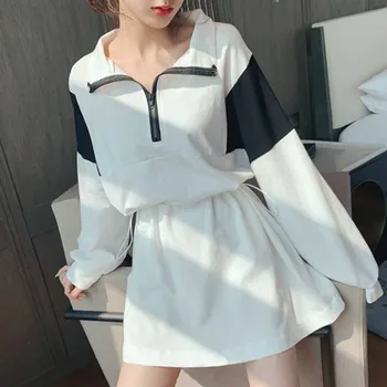 Cotday Dlhý Rukáv A-line Patchwork Nastaviteľný Pás Jar Biely Zips 2020 Módne kórejský Štýl Bežné Ženy Mini Šaty