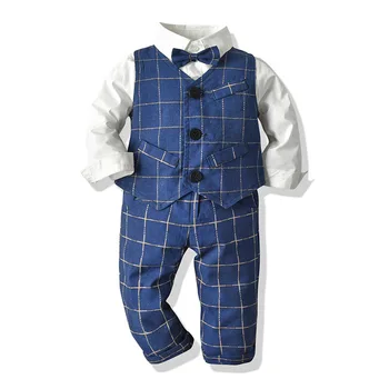Baby Boy Gentleman Oblečenie Nastaviť Jeseň Bavlna Oblek Pre Deti Biele Tričko s motýlikom+Vesta +Nohavice Formálne Novonarodených Chlapcov, Oblečenie