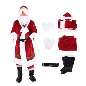 Pánske Santa Claus Cosplay Kostým Otec Vianoc Maškarný Oblečenie Vyhovovali Dospelých 6Pcs Velvet Sady Cosplay Party Oblečenie