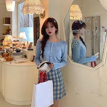 Pletený sveter blúzka + vysoká-v strede zúžený kockované sukni, dve sady žien 2020 lete kórejský vydanie nových