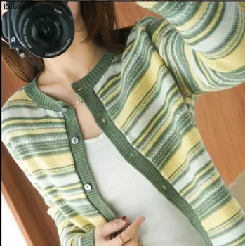 Jeseň zima prúžok ženy sveter nadrozmerná knitwear pulóvrov, svetrov zelená bežné ženské pletený sveter jumper