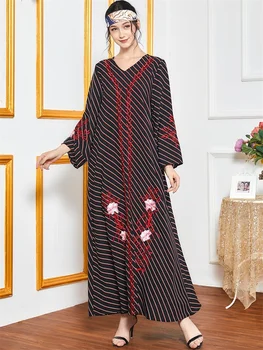Siskakia Etnických Vyšívané Arabčina Šaty Žien Prekladané V Krku Dlhý Rukáv Maxi Šaty 2020 Elegantné Voľné Moslimského Turecka Oblečenie