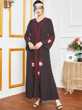 Siskakia Etnických Vyšívané Arabčina Šaty Žien Prekladané V Krku Dlhý Rukáv Maxi Šaty 2020 Elegantné Voľné Moslimského Turecka Oblečenie