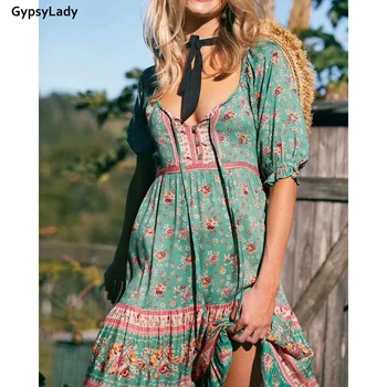 GypsyLady Zelený Kvetinový Tlač Maxi Šaty Vintage Ženy Dlhé Šaty Hippie Chic Etnických Krídla S Volánikmi Dievčatá Dovolenku Chic Šaty