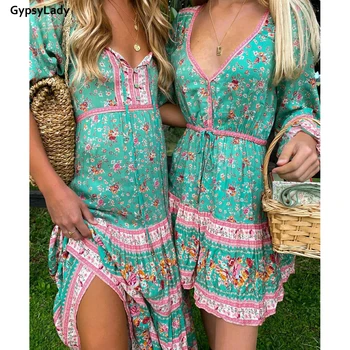 GypsyLady Zelený Kvetinový Tlač Maxi Šaty Vintage Ženy Dlhé Šaty Hippie Chic Etnických Krídla S Volánikmi Dievčatá Dovolenku Chic Šaty