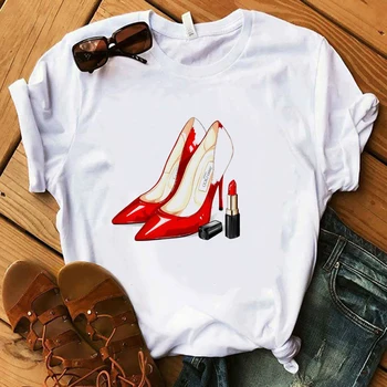 Košele ženy 2020 Červená Vysoký Podpätok Tričko Lady Luxusný Make-Up Paríž Štýl T-Shirt Ženy Letné Krátke Topy Dievča Lumbálna T-shirts