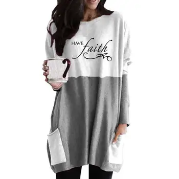 Nový Príchod Ježiša Biblie T-Shirt Pre Ženy Majú Vieru Listov Tlač Dlhý Rukáv, Šitie Vrecku T-Shirt Bežné Plus Veľkosť Topy