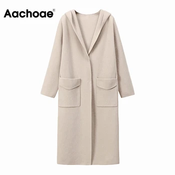 Aachoae Ženy Zimné Dlhé Vlnené Kabát Pevné Dlhý Rukáv Bežné Kabát S Kapucňou Žena Elegantné Vrecká Vrchné Oblečenie Kabát 2020
