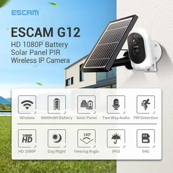 ESCAM G12 Solárny Panel Bezdrôtového WiFi Kamera 1080P Full HD Vonkajšie Vnútorné Zabezpečenia IP65 Drôt Nabíjateľná Batéria IP Kamera PIR