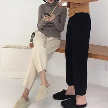 Pletené vlnené Širokú Nohu, dámske Nohavice Vysoký Pás Teplej Elegantnej kórejský Členok-Dĺžka Nohavice Ženy 2020 Jeseň Fashion Dna Žena