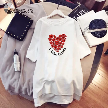 Plus Veľkosť Ženy Tričko Šaty Srdce Farebné Perie Tlač Krátky Rukáv Príležitostné Voľné Letné Žena Harajuku Black Streetwear