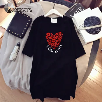 Plus Veľkosť Ženy Tričko Šaty Srdce Farebné Perie Tlač Krátky Rukáv Príležitostné Voľné Letné Žena Harajuku Black Streetwear