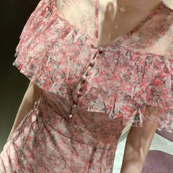 2020 Letné Ružové Šaty Žien Slash S Uväzovaním Za Krk Tlač Kvetinové Šaty Dámske Francúzsky Štýl Za Úplne Bežné Kvetinové Šaty Ženy