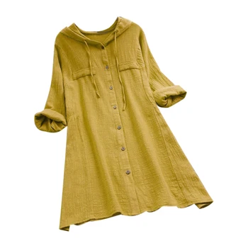Plus Veľkosť Šaty Farbou Žien Bavlnená Posteľná Bielizeň S Dlhým Rukávom S Kapucňou Tunika Tričko Šaty