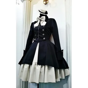 2019 Vintage Gothic Lolita Šaty OP Prehrabať motýlik Tlačidlo Čipky Koleno Dĺžke Šaty s Dlhým Rukávom Sladké Šaty