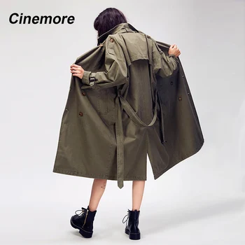 Cinemore 2020 Jeseň Nové Žien Bežné zákopy srsti nadrozmerná Dvojité Breasted Vintage Umyté Outwear Voľné Oblečenie, 80114