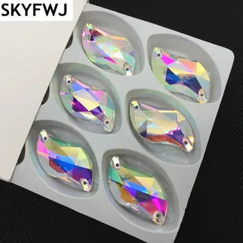 Veľkoobchod Všetky Veľkosti Skla Crystal Clear AB S Listový Tvar Šiť na Drahokamu Flatback 2 otvory Silver Base 6x12,10x20,15x30mm