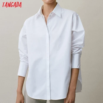 Tangada ženy kvalitné biele bavlnené tričká dlhý rukáv pevné, elegantné office dámy pracovné oblečenie blúzky 6D62