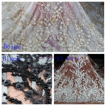 La Belleza 2018 New Black /Off biela/béžová ťažké 3D kvety ručne lištovanie svadobné/večerné šaty textílie, čipky SNDD1801 1 yard