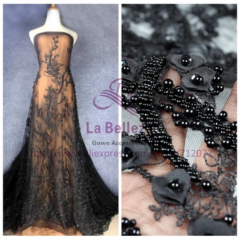 La Belleza 2018 New Black /Off biela/béžová ťažké 3D kvety ručne lištovanie svadobné/večerné šaty textílie, čipky SNDD1801 1 yard