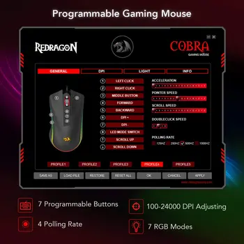 Redragon Káblové pripojenie Hernej Myši pre FPS Hry , Optické Prepínanie 24000 DPI Programovateľné Tlačidlá, RGB Podsvietenie , Čierna