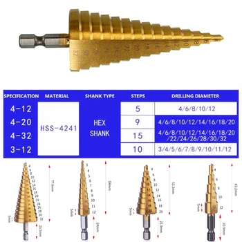 3pc Hss krok drill bit nastavený kužeľ otvoru frézy Taper metrika 4-12 / 20 / 32 mm 1 / 4 