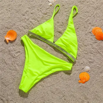 Lady Letné Štýl Dva Kusy Bikini Set Asymetrický vystrihnúť pevné obyčajný farbu neon zelená, biela a čierna