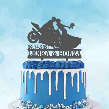 Osobné Vlastné Pár Meno, Dátum Svadby Ženích a Nevesta na Koni Motocykel Pre Svadobné Party Cake Decoration Vňaťou