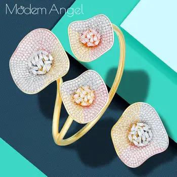 ModemAngel Luxusné Lotus Leaf AAA Cubic Zirconia Medi Geometrie Strany Svadobné Saudskej arabčina Dubaj Náramok Prsteň