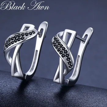 [Black Awn] Classic 925 Sterling Silver Kolo Black Trendy Spinelovou Zapojenie Hoop Náušnice pre Ženy, Jemné Šperky Bijoux I148