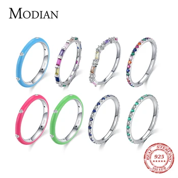 Modian 2021 Reálne 925 Sterling Silver Rainbow CZ Jednoduché Módy Prst Prsteň Stohovateľné Smalt Prstene Pre Ženy Značky Jemné Šperky