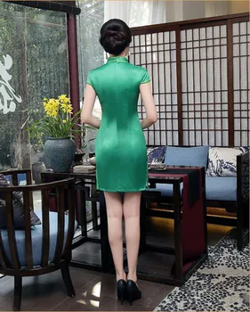 Čínsky Cheongsam Satin Sexy Štíhla Kvetinový Bežné Vintage Ženy Šaty Zelené Tradičné Krátke Šaty S-XXL
