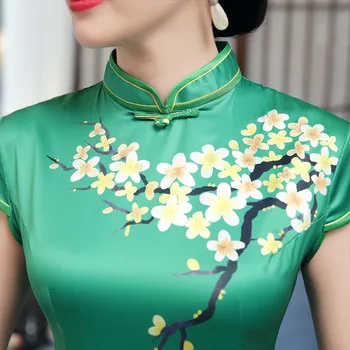 Čínsky Cheongsam Satin Sexy Štíhla Kvetinový Bežné Vintage Ženy Šaty Zelené Tradičné Krátke Šaty S-XXL