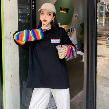 Dlhý Rukáv Košele Ženy Rainbow Prekladané Patch Vzory Dlho-kórejský štýl Voľný čas Hip-hop Módy Žena T-shirt Teens Preppy Nové